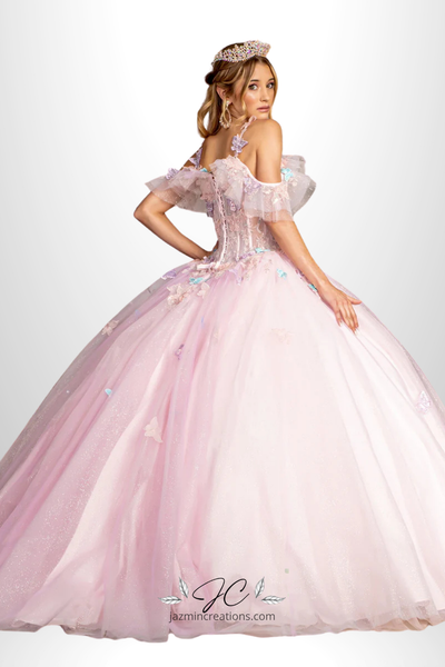 Long Glitter Quinceañera Ball Gown with Butterfly Appliqués
