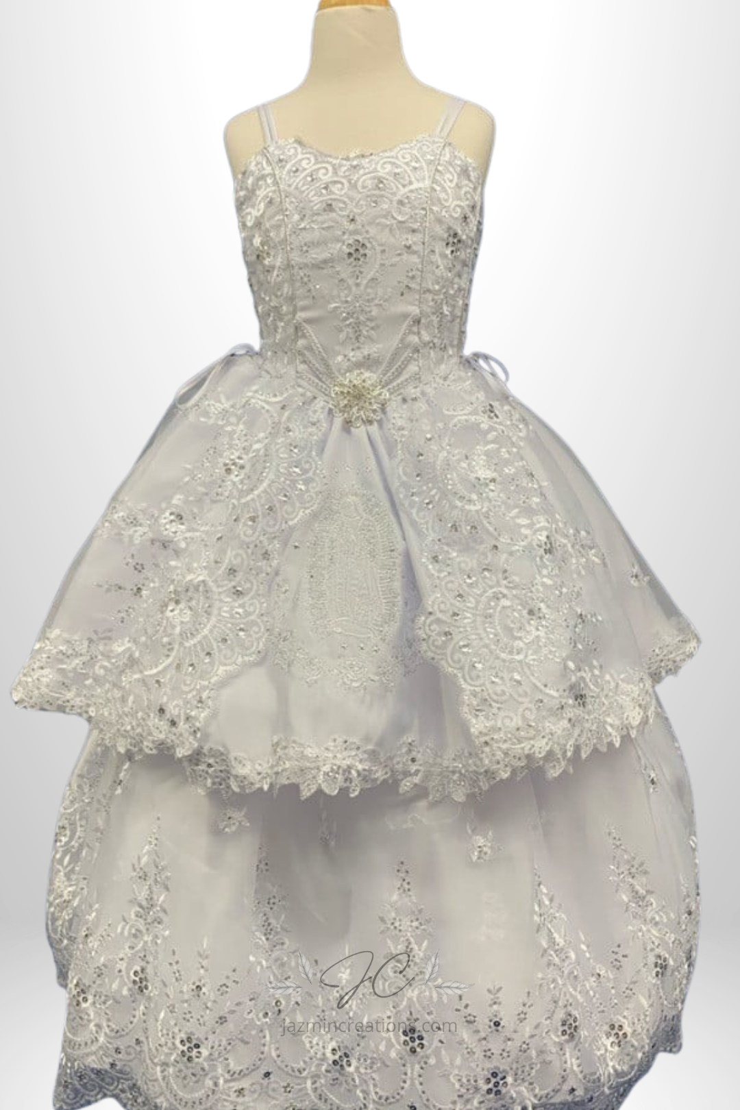 Two-in-One White Communion Dress with Virgen Mary Embroidery