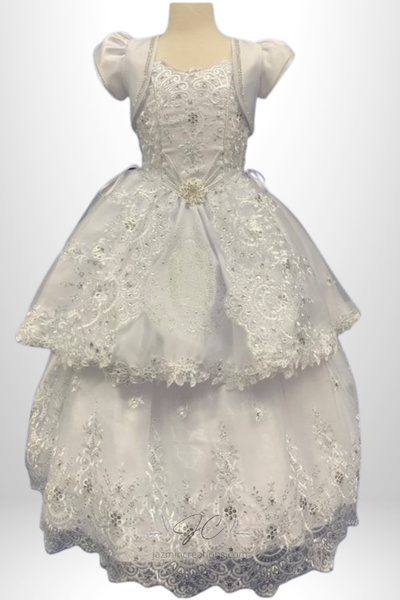 Two-in-One White Communion Dress with Virgen Mary Embroidery