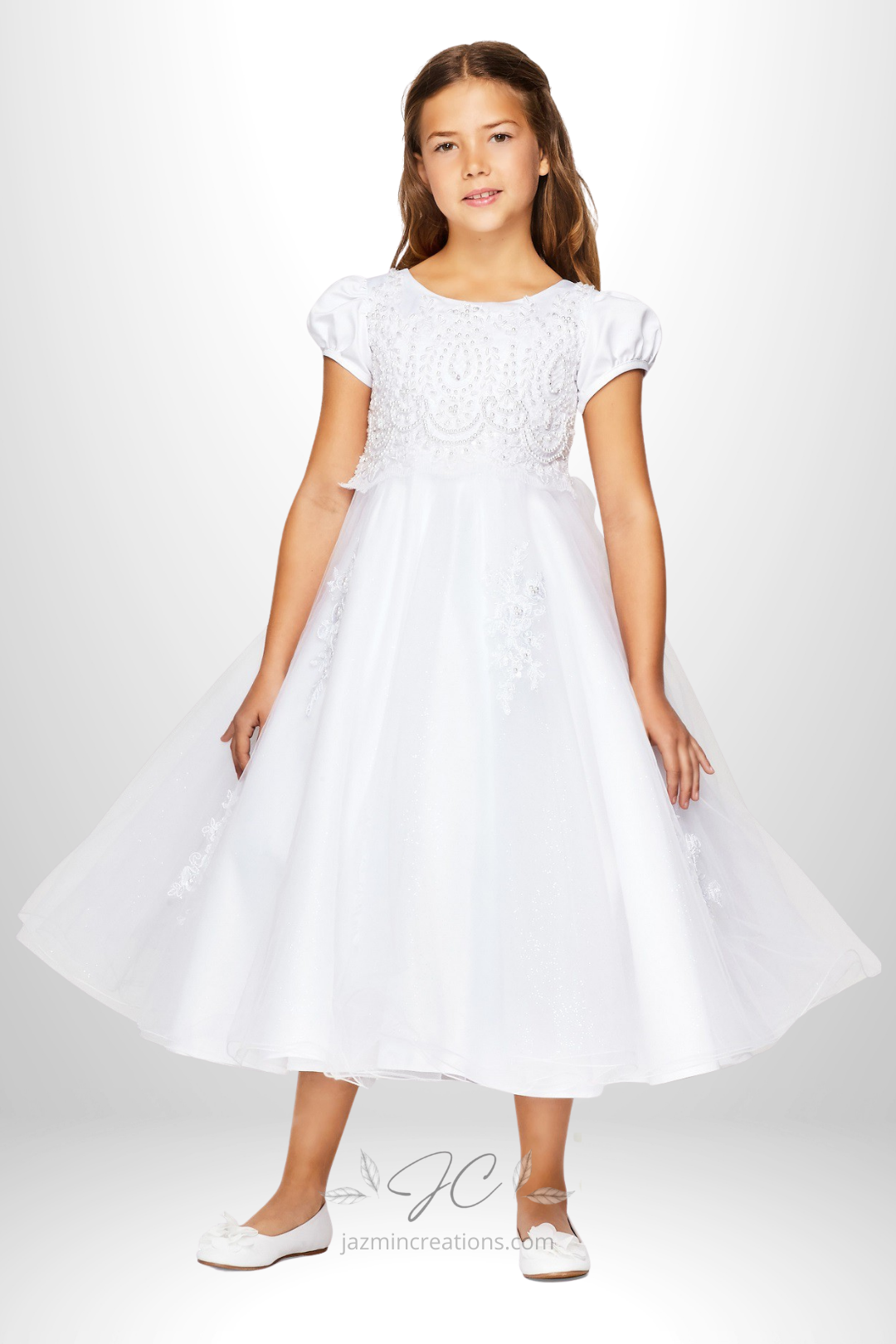 White Satin Communion Dress with Pearls and Lace