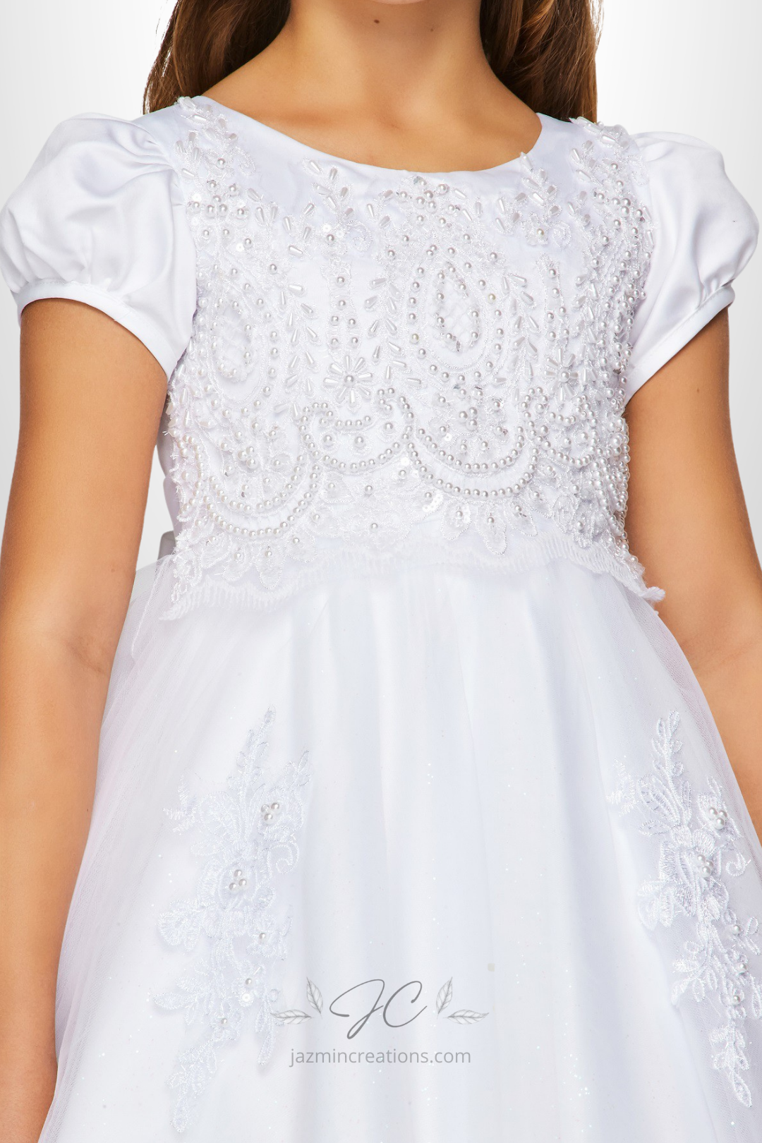 White Satin Communion Dress with Pearls and Lace