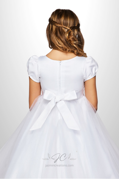 White Satin Communion Dress with Pearls and Lace