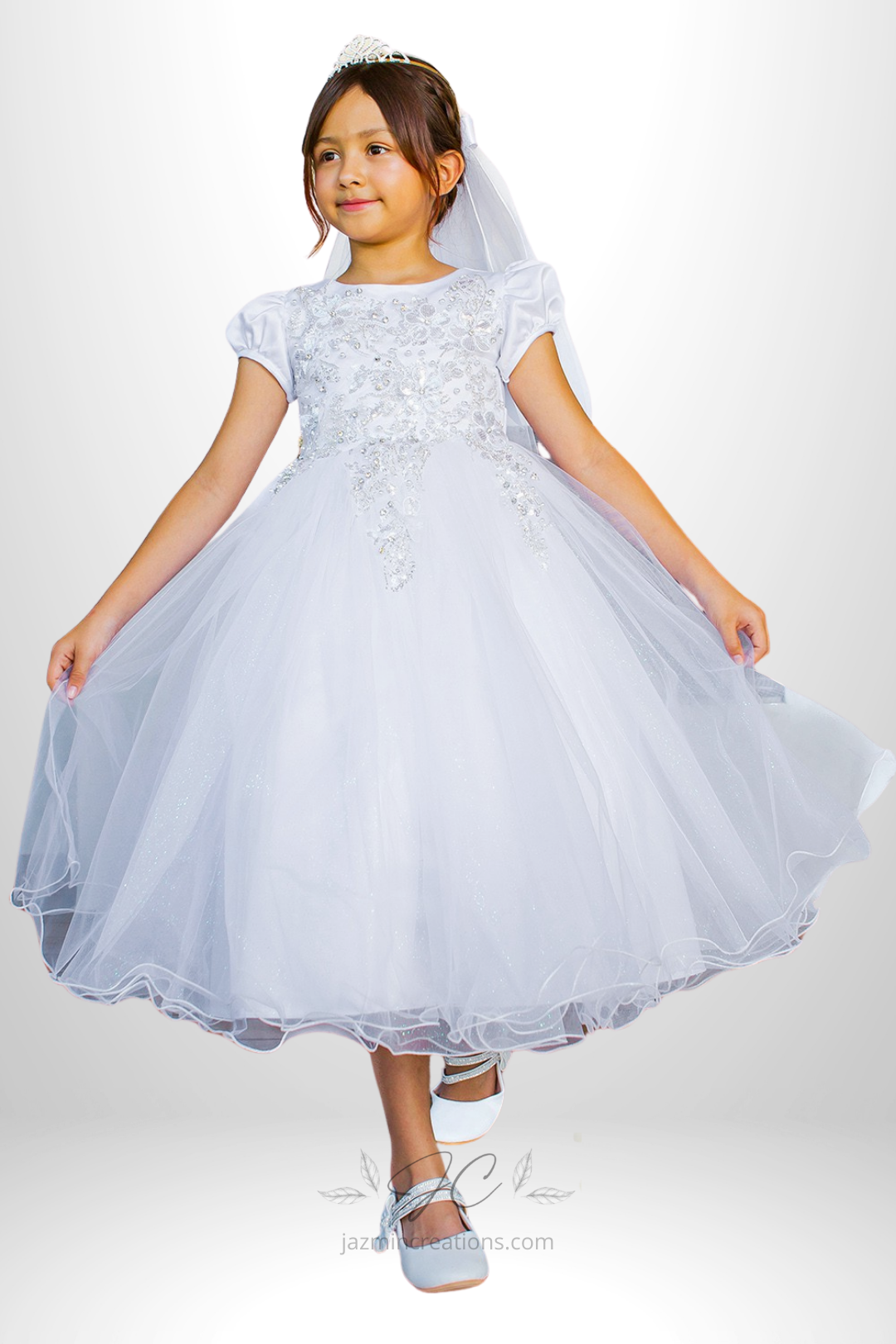 White Satin and Tulle Communion Dress with Beaded 3D Floral Lace