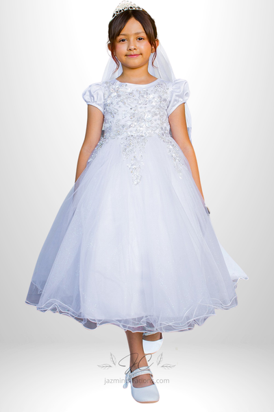 White Satin and Tulle Communion Dress with Beaded 3D Floral Lace