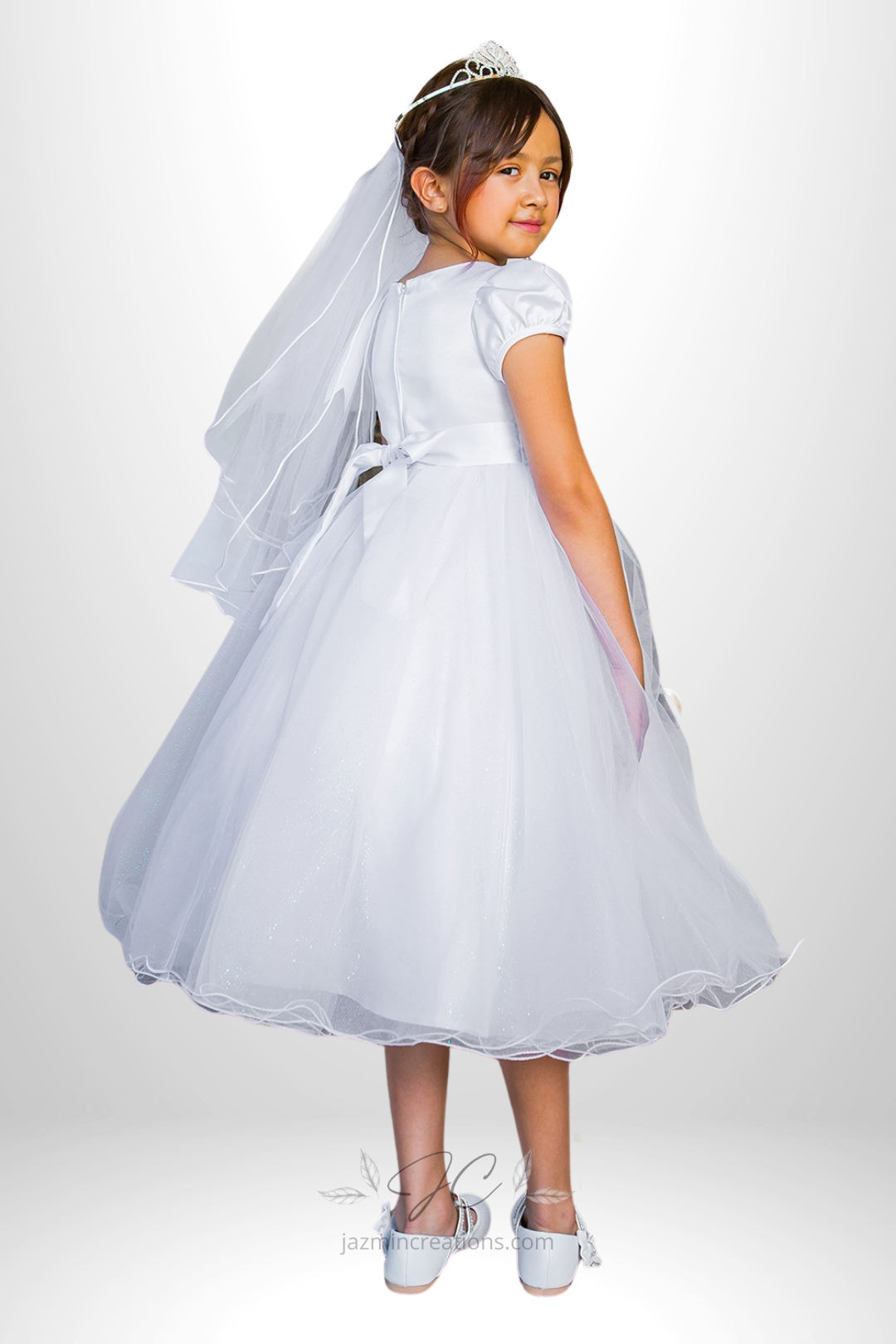 White Satin and Tulle Communion Dress with Beaded 3D Floral Lace