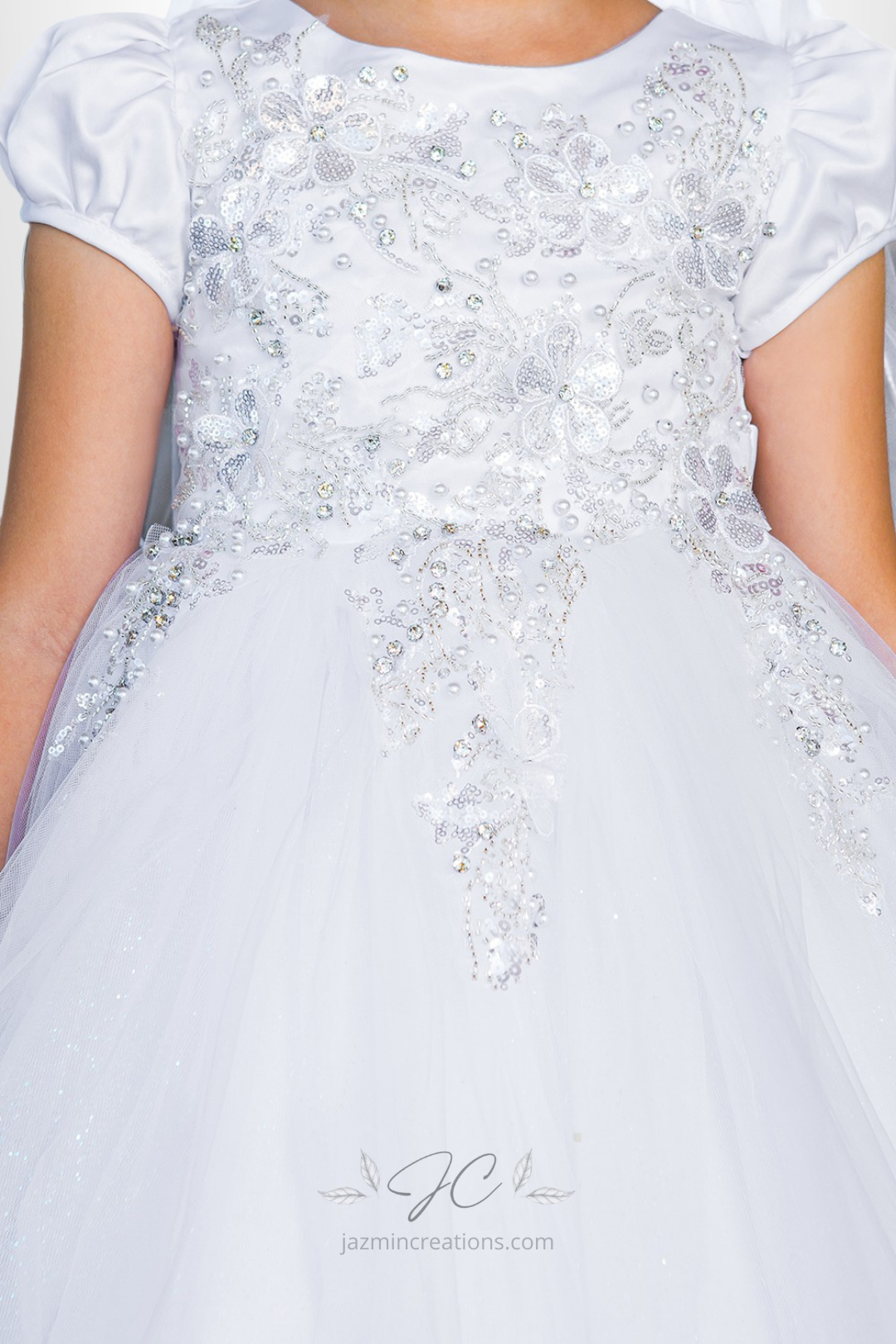 White Satin and Tulle Communion Dress with Beaded 3D Floral Lace