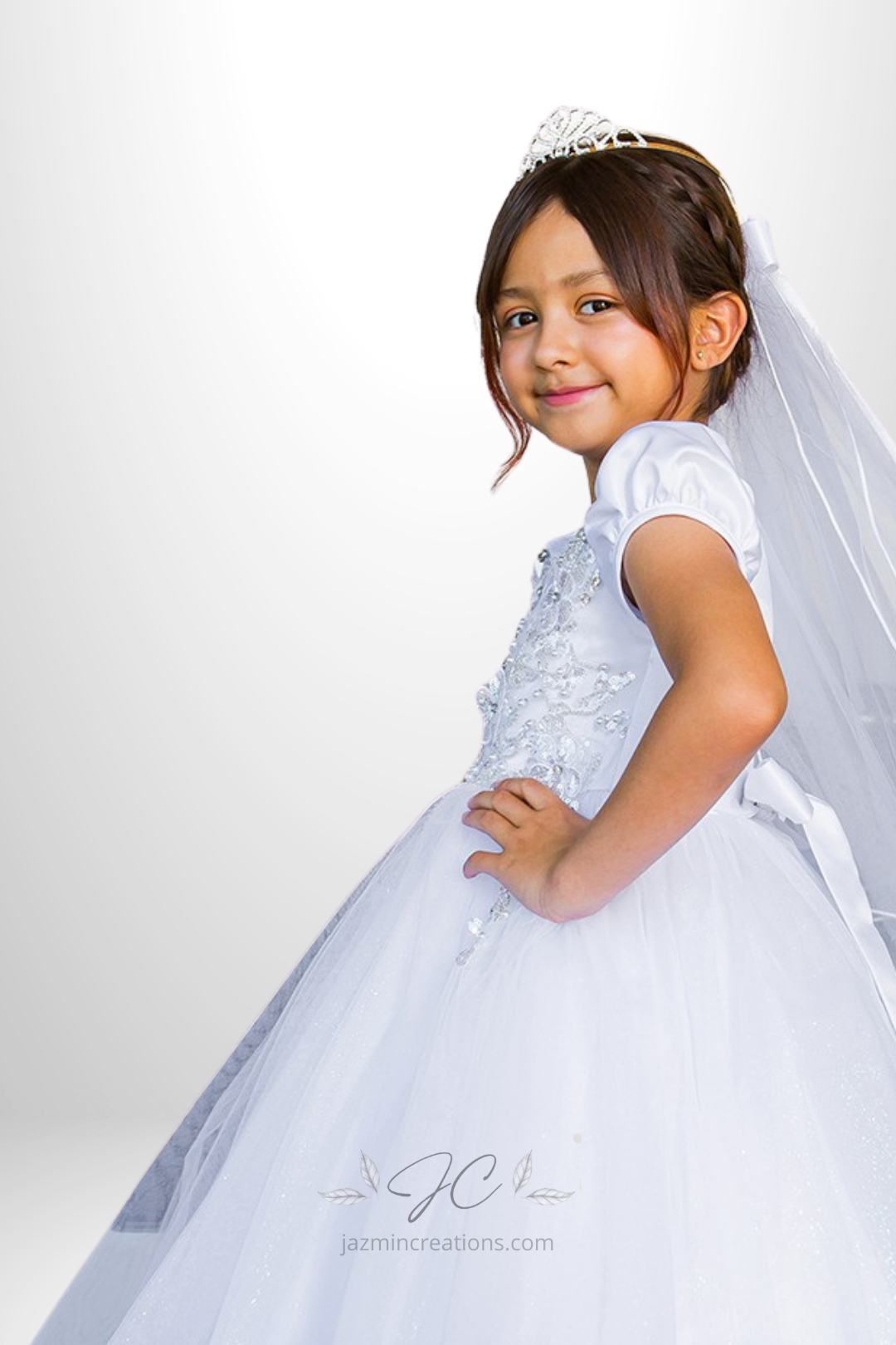 White Satin and Tulle Communion Dress with Beaded 3D Floral Lace