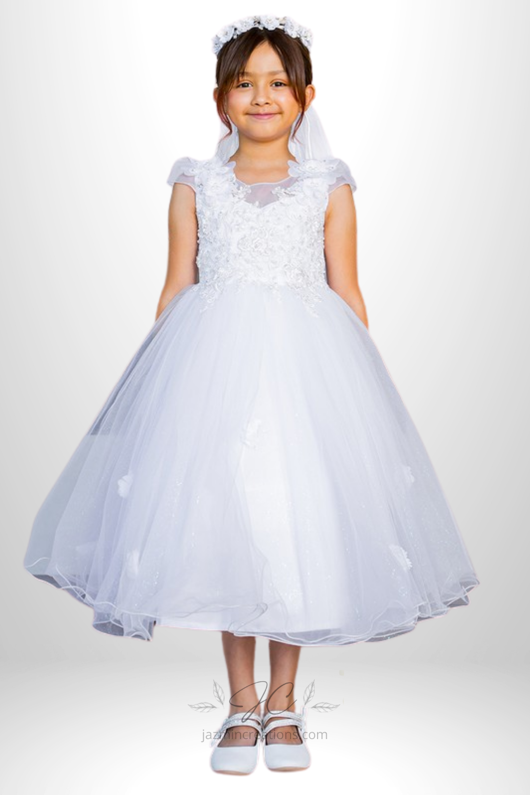 White Crystal Tulle Communion Dress with 3D Floral Lace