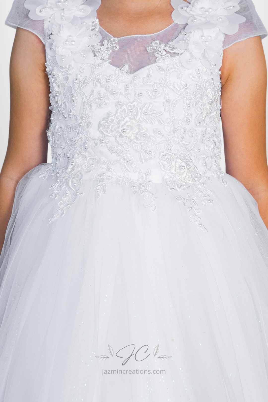 White Crystal Tulle Communion Dress with 3D Floral Lace