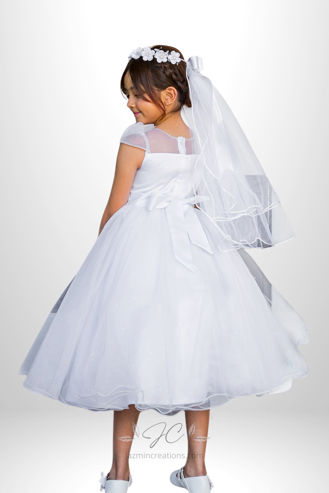 White Crystal Tulle Communion Dress with 3D Floral Lace