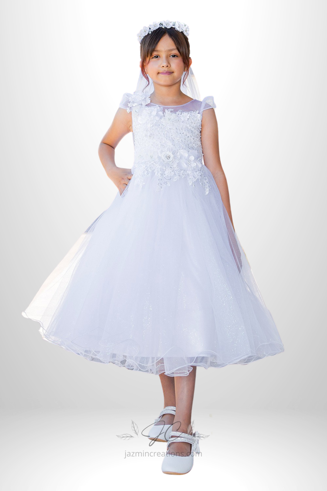 White Crystal Tulle Communion Dress with 3D Floral Lace