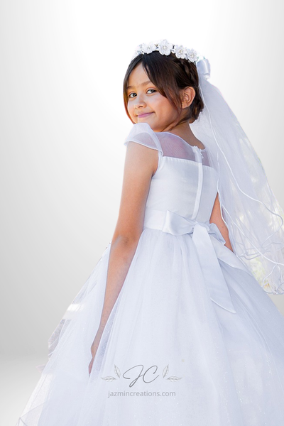 White Crystal Tulle Communion Dress with 3D Floral Lace