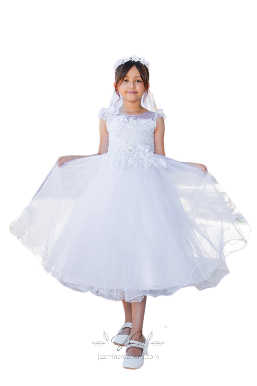 White Crystal Tulle Communion Dress with 3D Floral Lace
