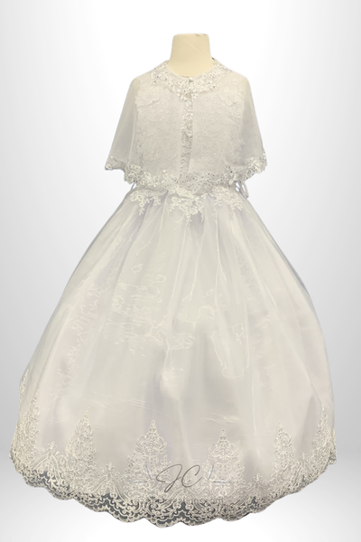 Girls White Embroidered Communion Dress with Cape
