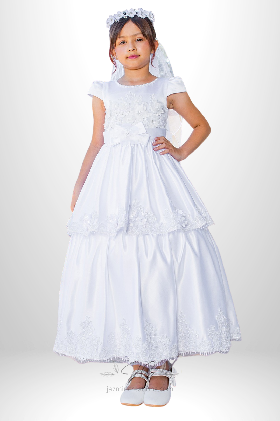 White Satin Communion Dress with High-Low Lace Hem