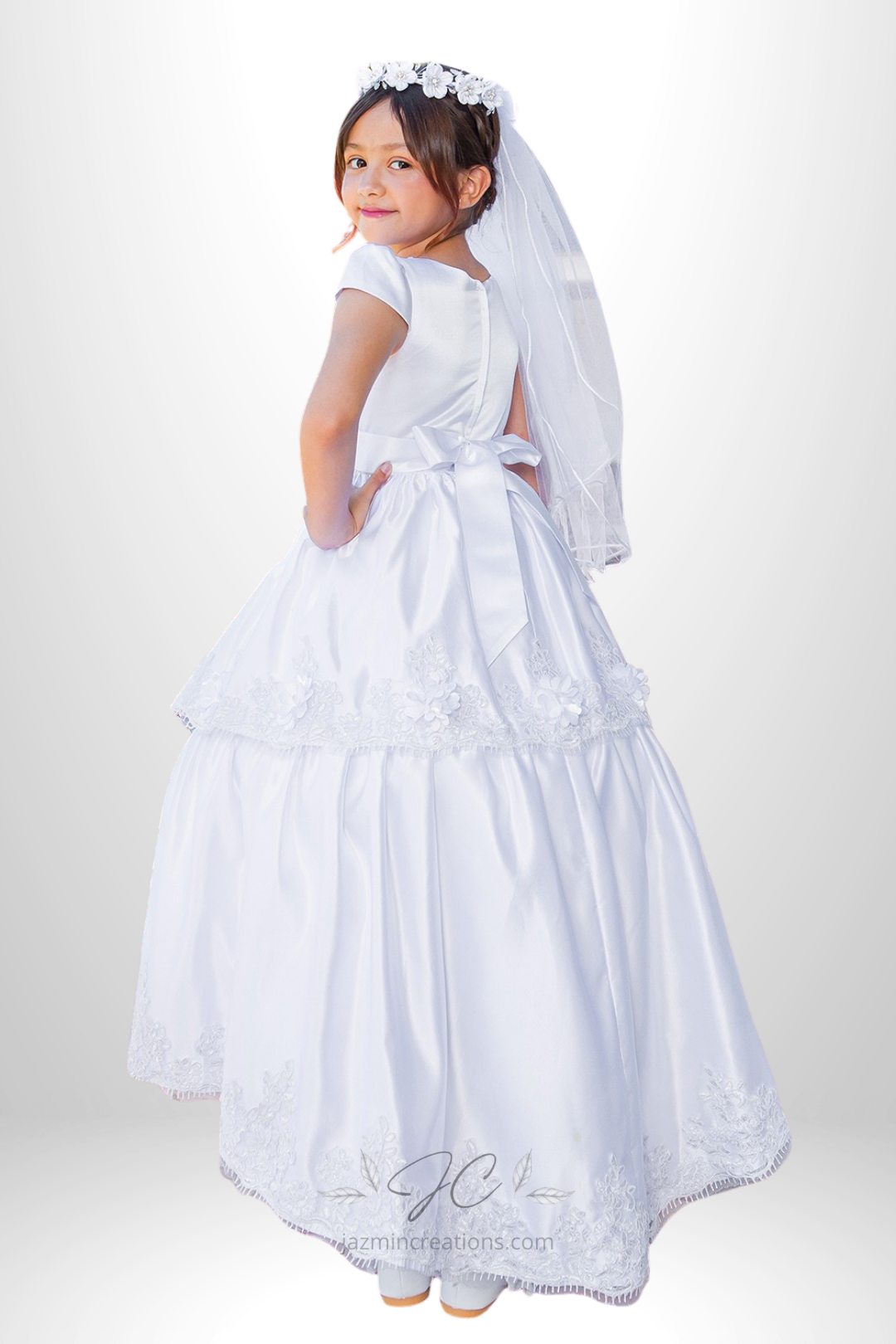 White Satin Communion Dress with High-Low Lace Hem