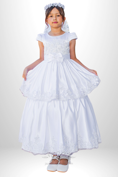 White Satin Communion Dress with High-Low Lace Hem