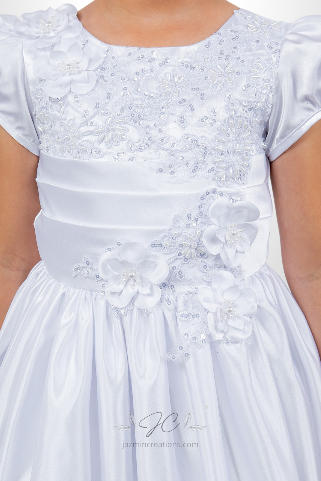 White Satin Communion Gown with 3D Floral Details
