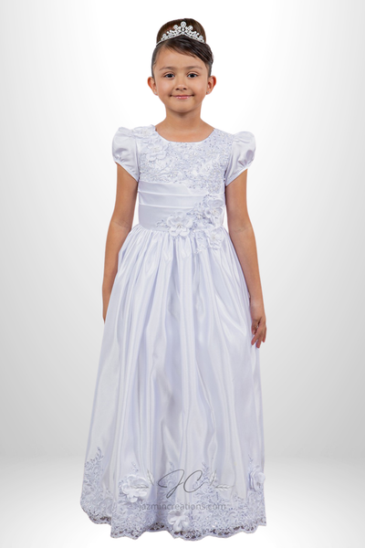 White Satin Communion Gown with 3D Floral Details