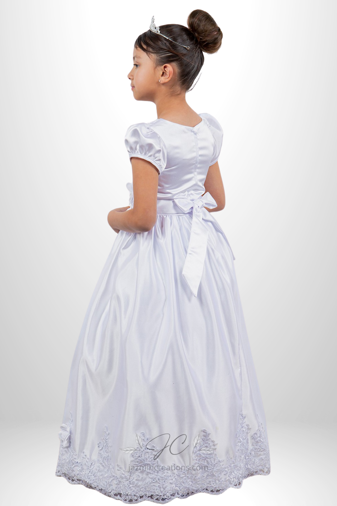 White Satin Communion Gown with 3D Floral Details