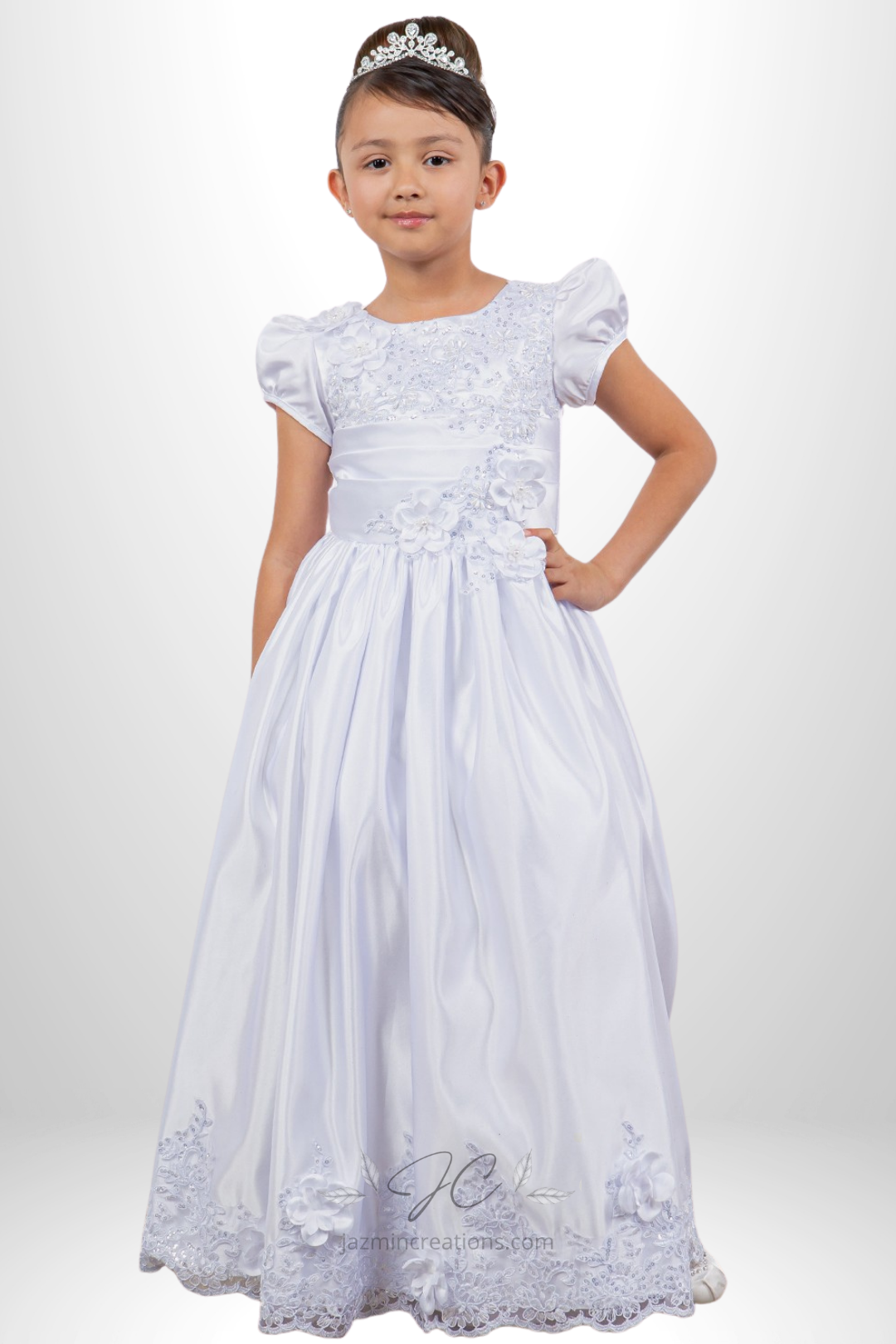 White Satin Communion Gown with 3D Floral Details