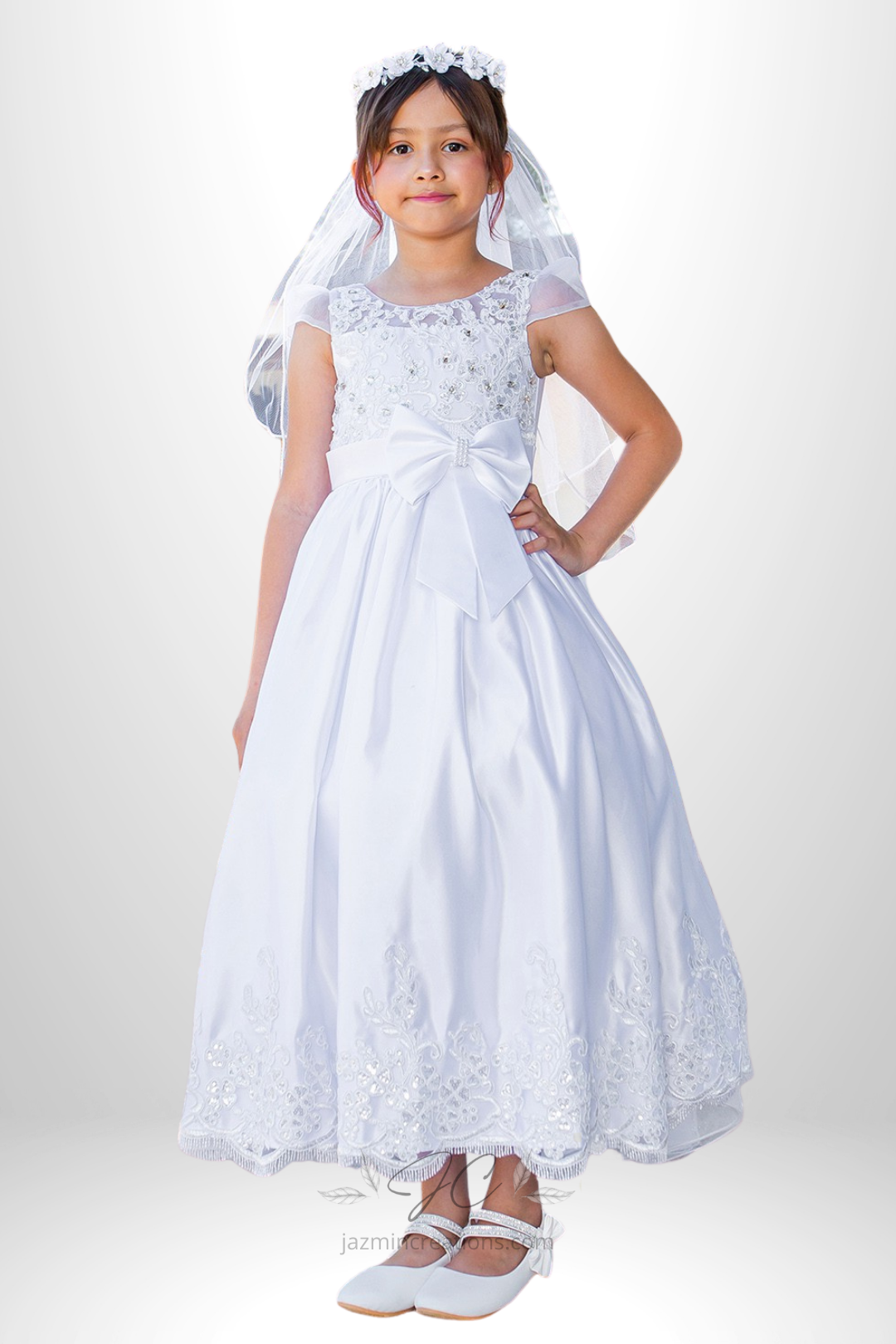 White Satin Communion Dress with Illusion Lace Top and Cap Sleeves