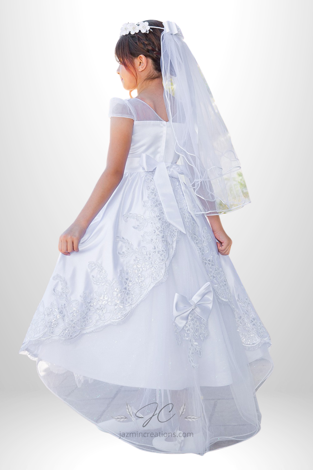 White Satin Communion Dress with Illusion Lace Top and Cap Sleeves