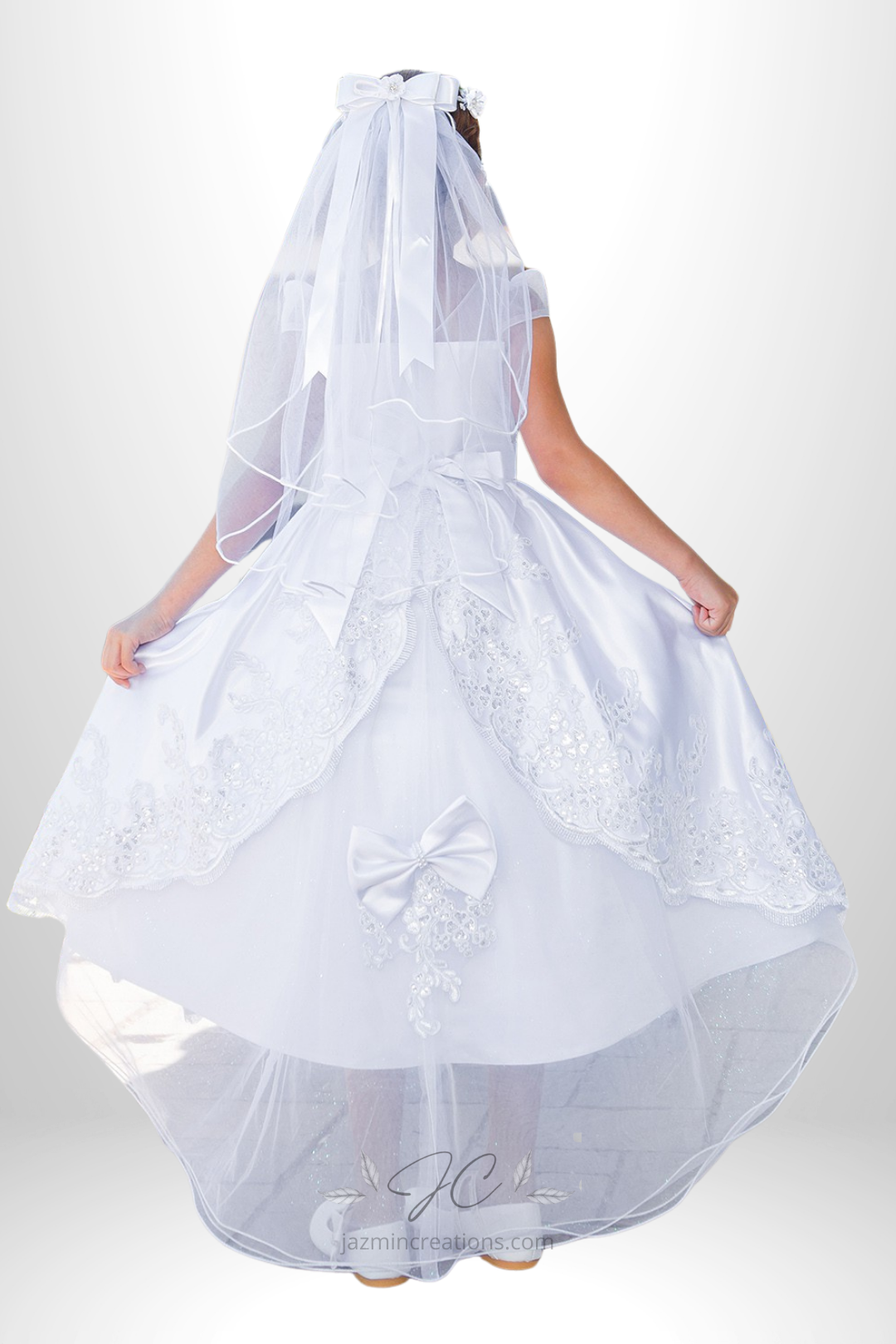 White Satin Communion Dress with Illusion Lace Top and Cap Sleeves