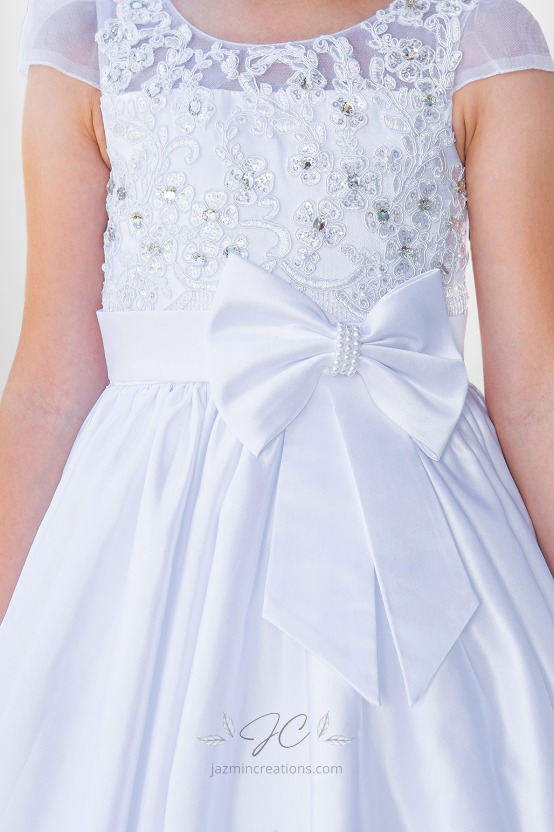 White Satin Communion Dress with Illusion Lace Top and Cap Sleeves