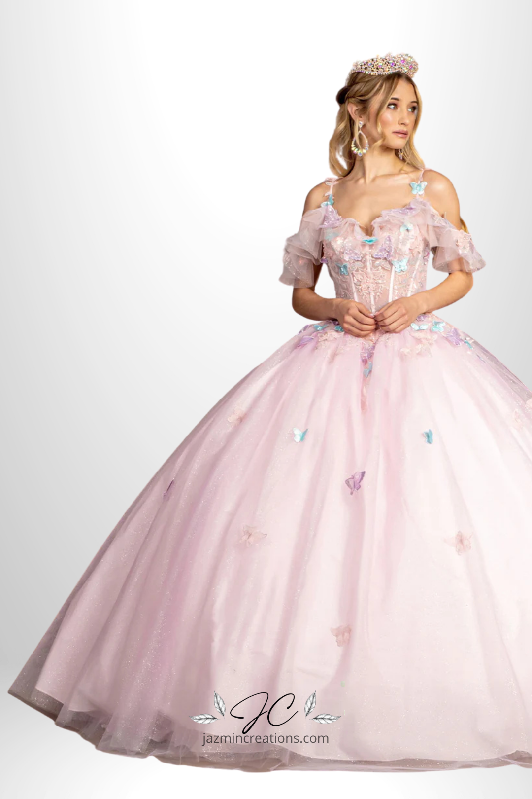 Long Glitter Quinceañera Ball Gown with Butterfly Appliqués