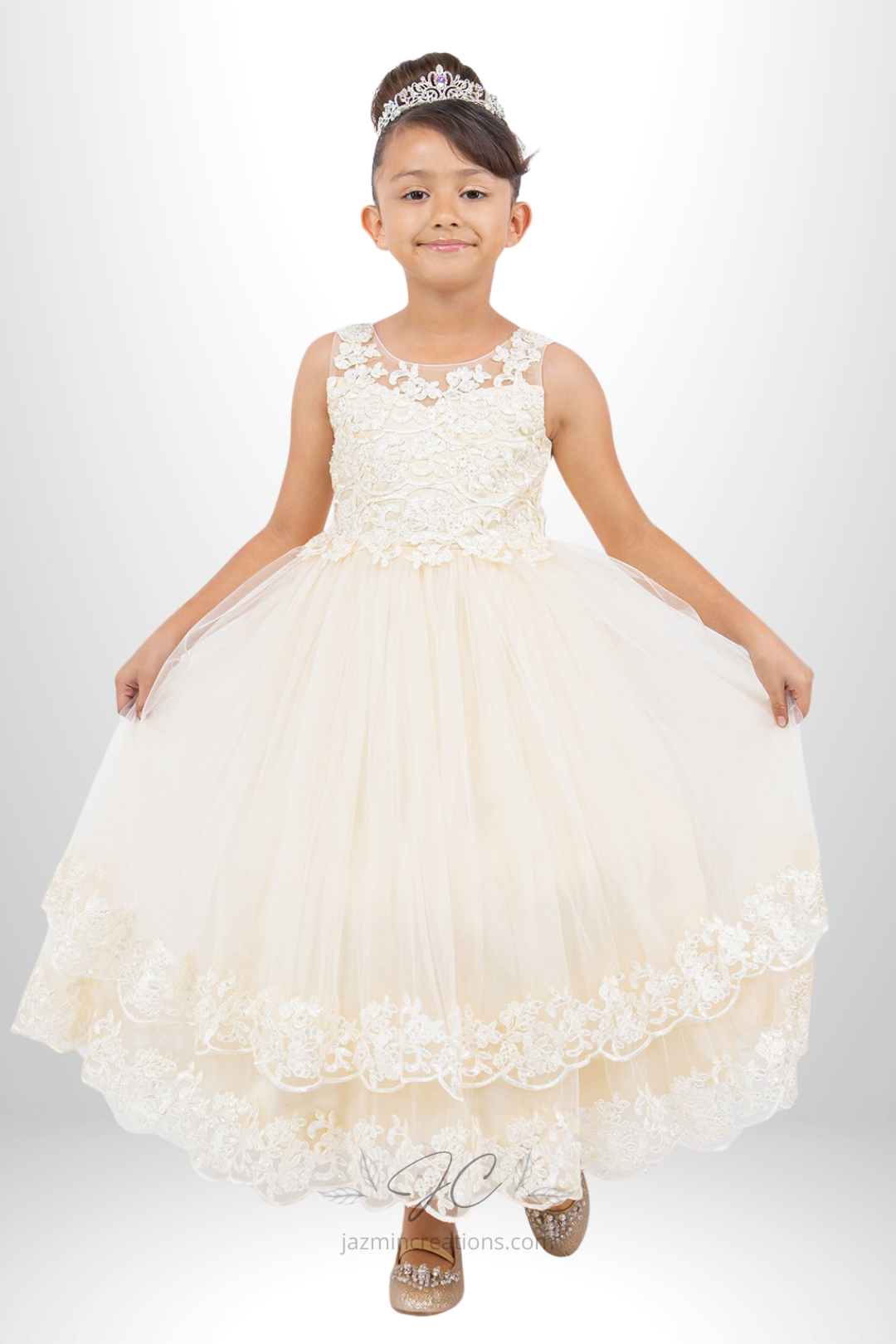 Lace and Tulle Illusion A-Line Dress with 3D Floral Beading