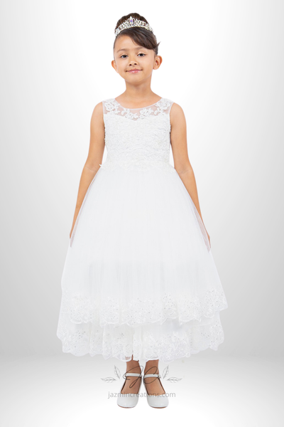 Lace and Tulle Illusion A-Line Dress with 3D Floral Beading