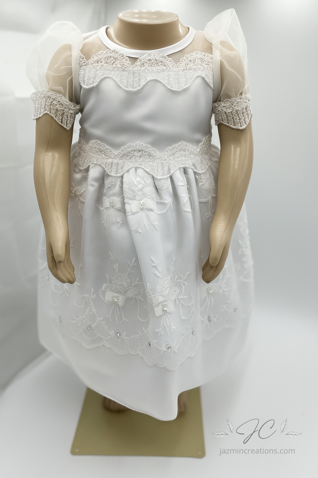 White Baptism Dress with Lace & Organza Sleeves
