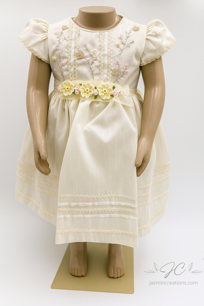 Ivory Baby Dress with Floral Embroidery & Belt