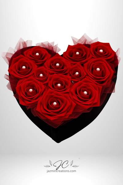 Heart-Shaped Red Rose Bouquet Box with Pearls