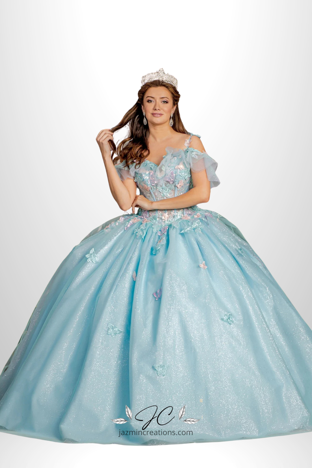 Long Glitter Quinceañera Ball Gown with Butterfly Appliqués
