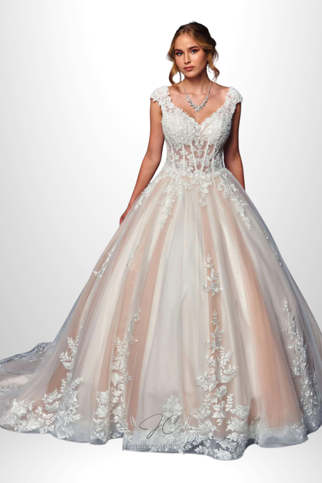 Chapel Length A-Line Wedding Gown | Lace Neckline Bridal Dress