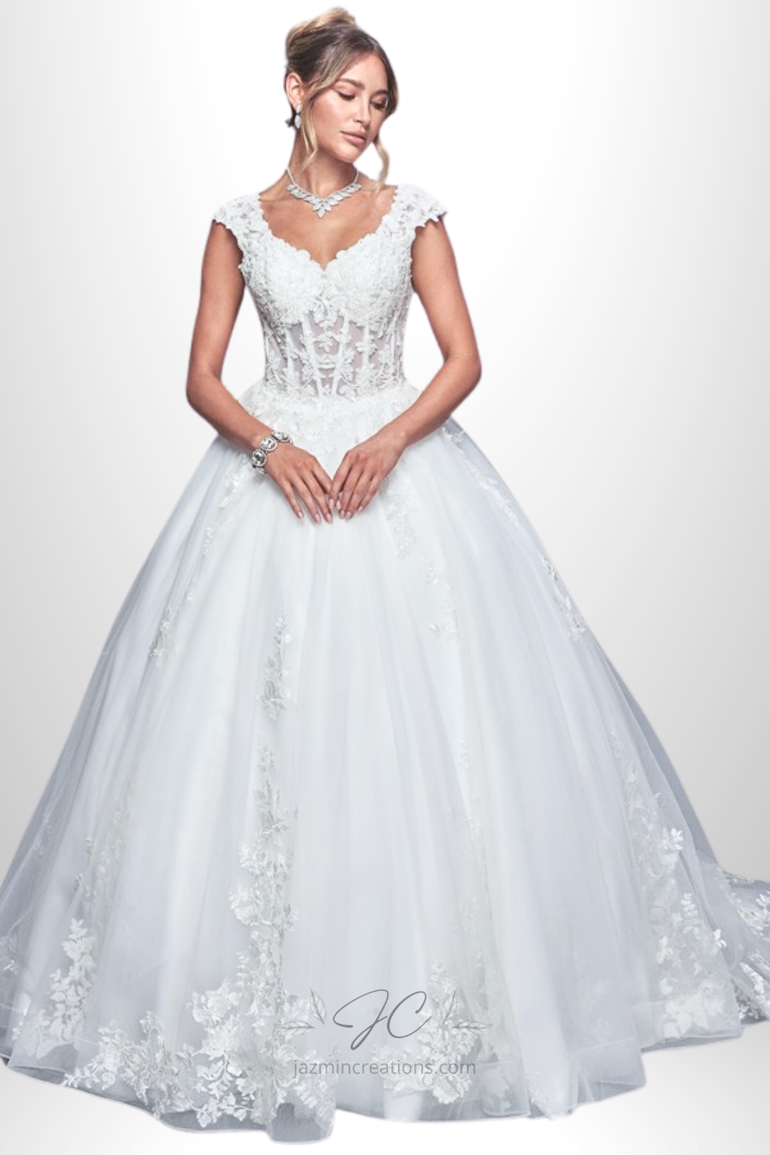 Chapel Length A-Line Wedding Gown | Lace Neckline Bridal Dress