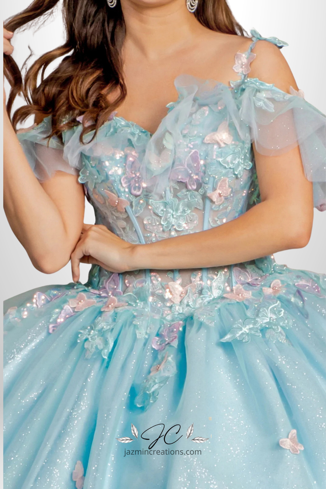 Long Glitter Quinceañera Ball Gown with Butterfly Appliqués