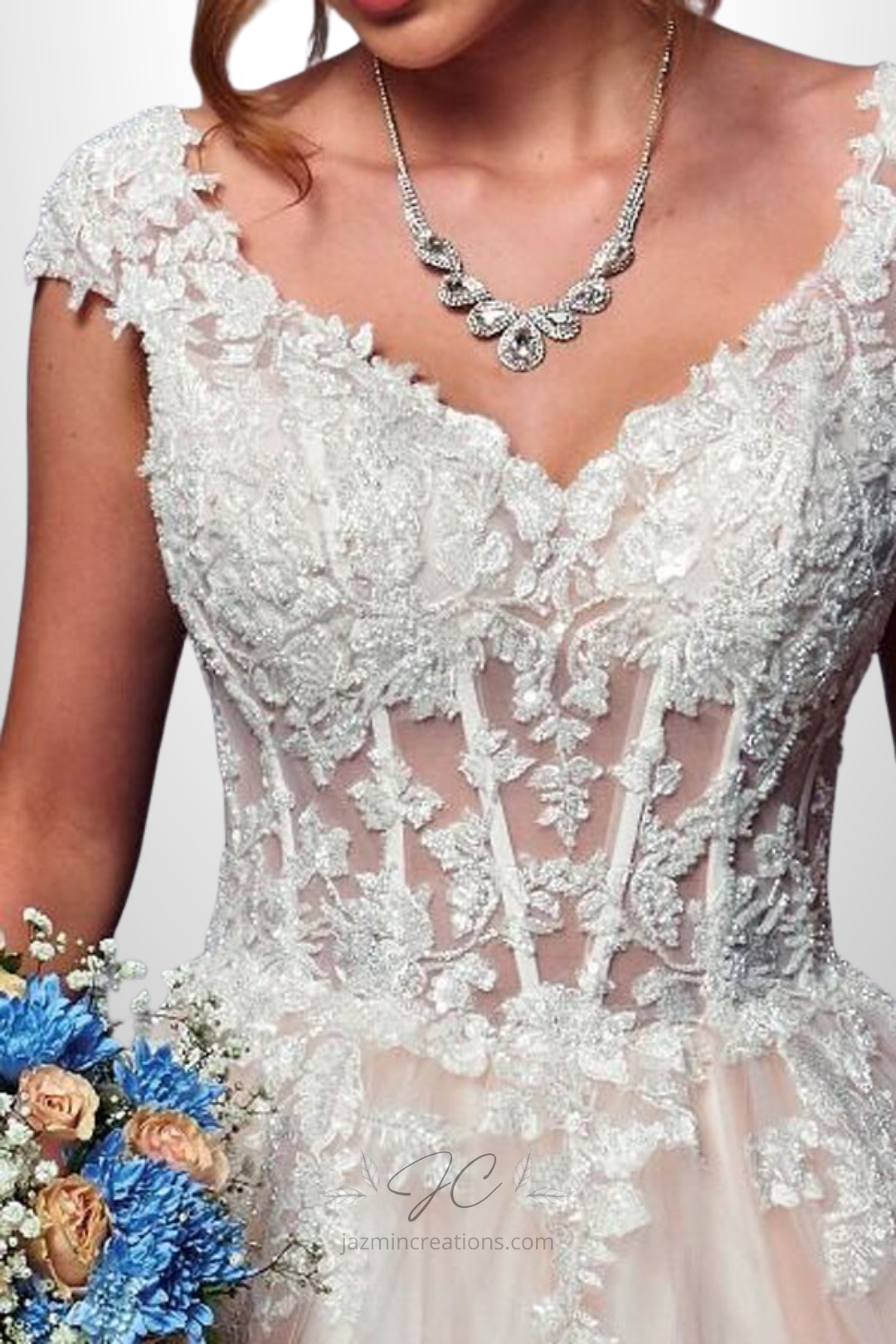 Chapel Length A-Line Wedding Gown | Lace Neckline Bridal Dress