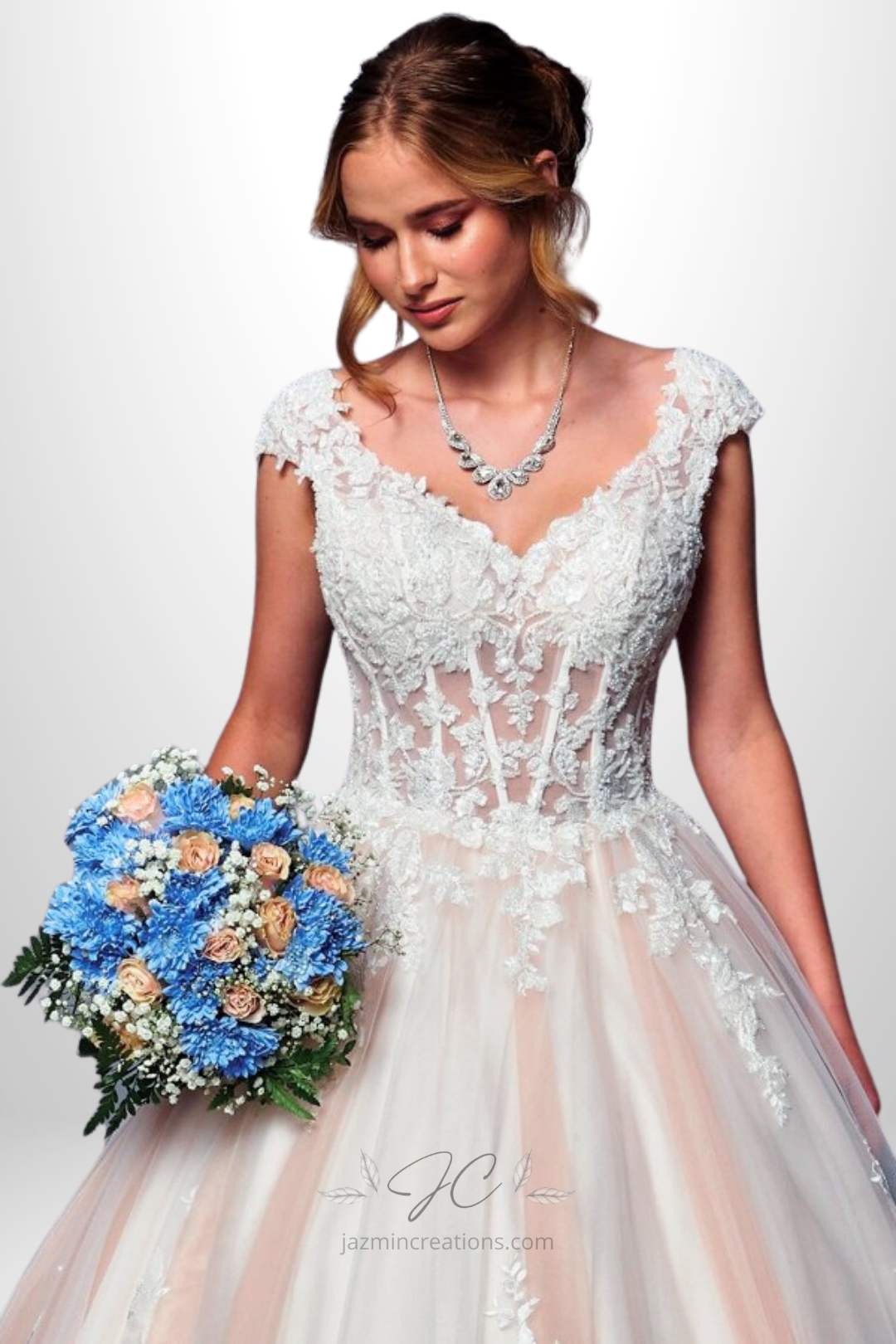 Chapel Length A-Line Wedding Gown | Lace Neckline Bridal Dress
