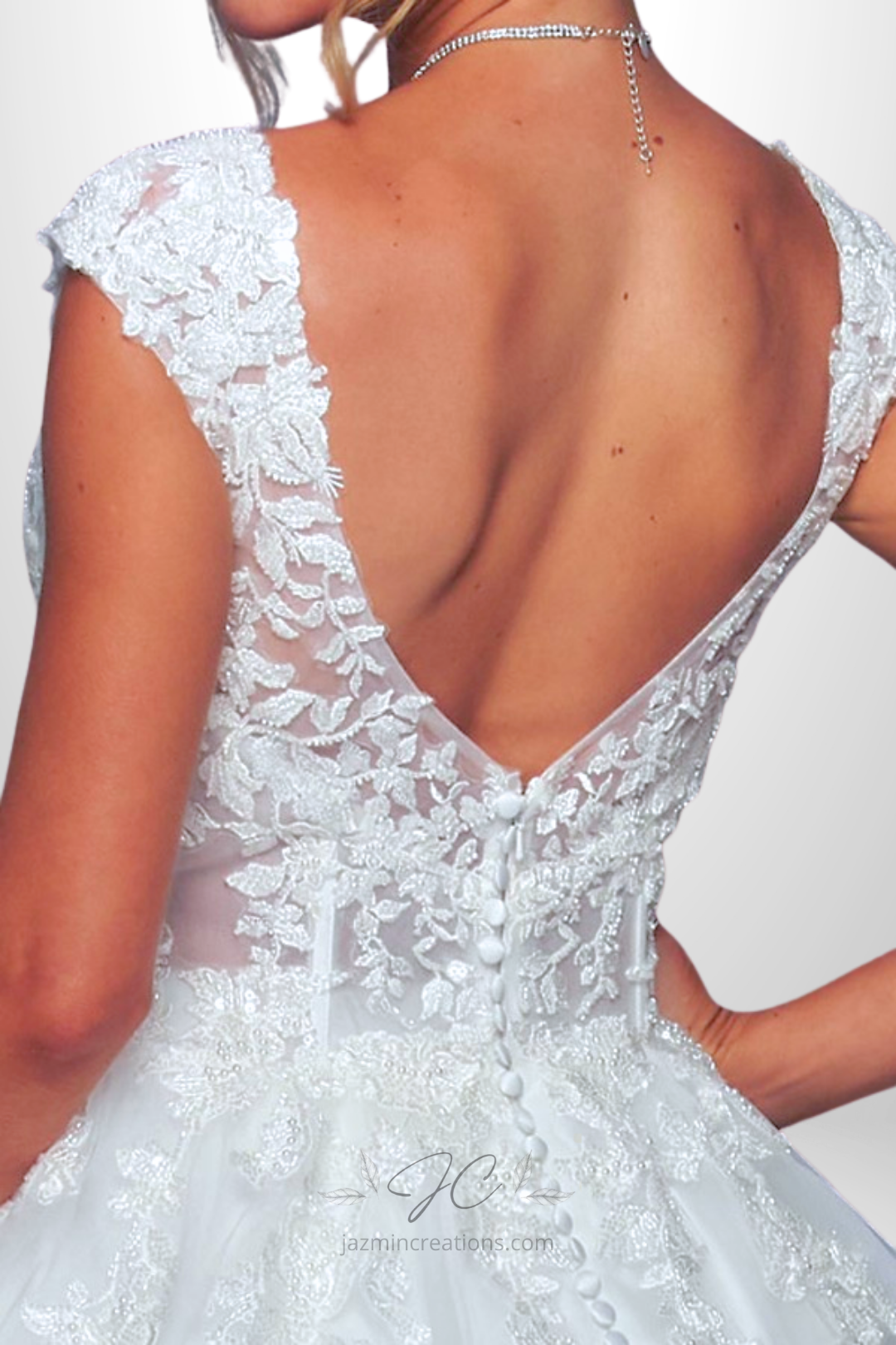Chapel Length A-Line Wedding Gown | Lace Neckline Bridal Dress