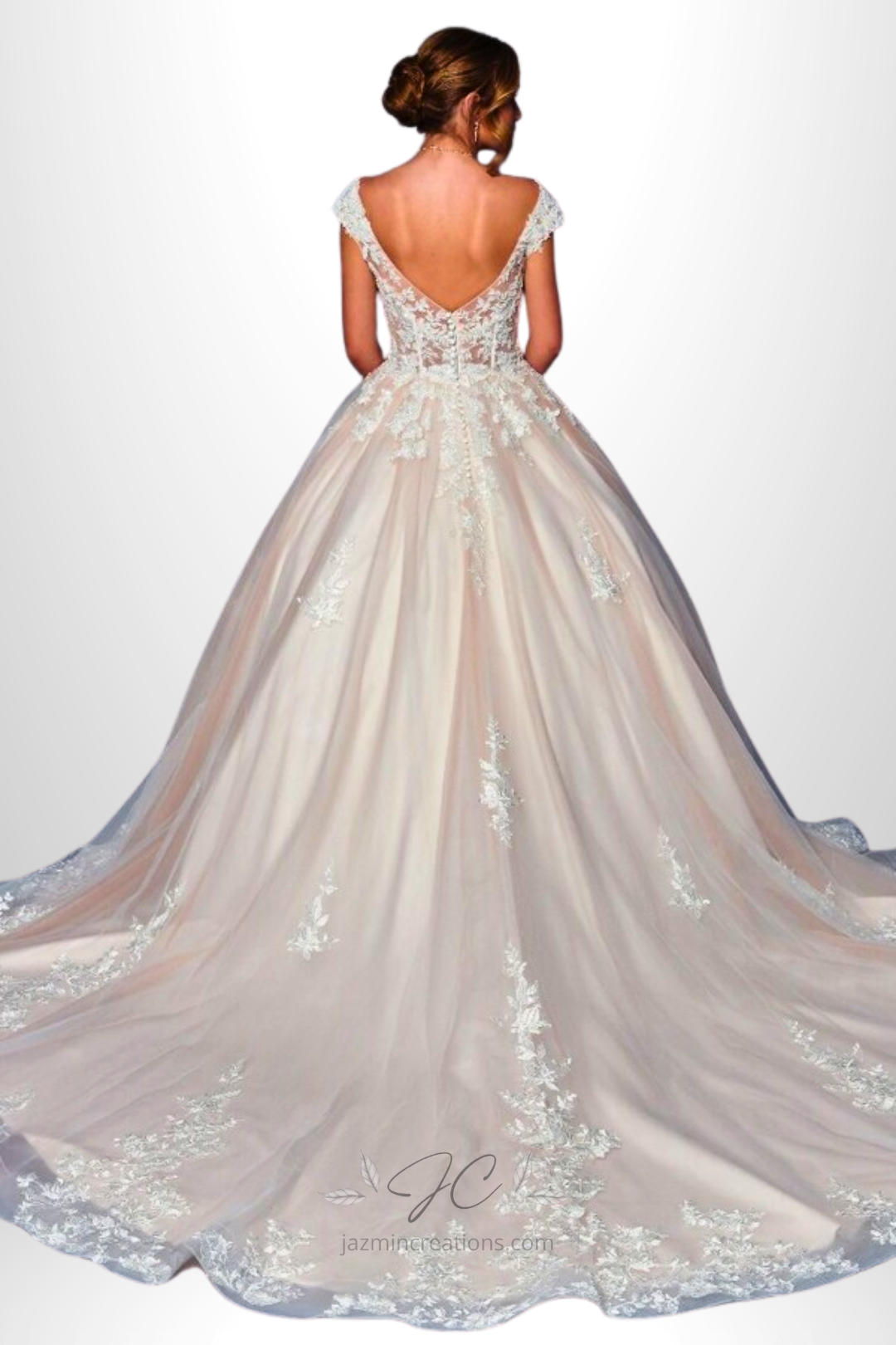 Chapel Length A-Line Wedding Gown | Lace Neckline Bridal Dress