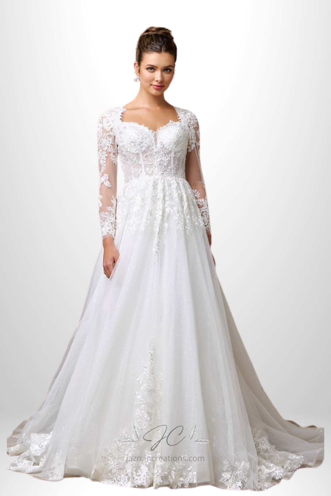Sheer Long Sleeve Sweetheart Neckline A-Line Wedding Dress