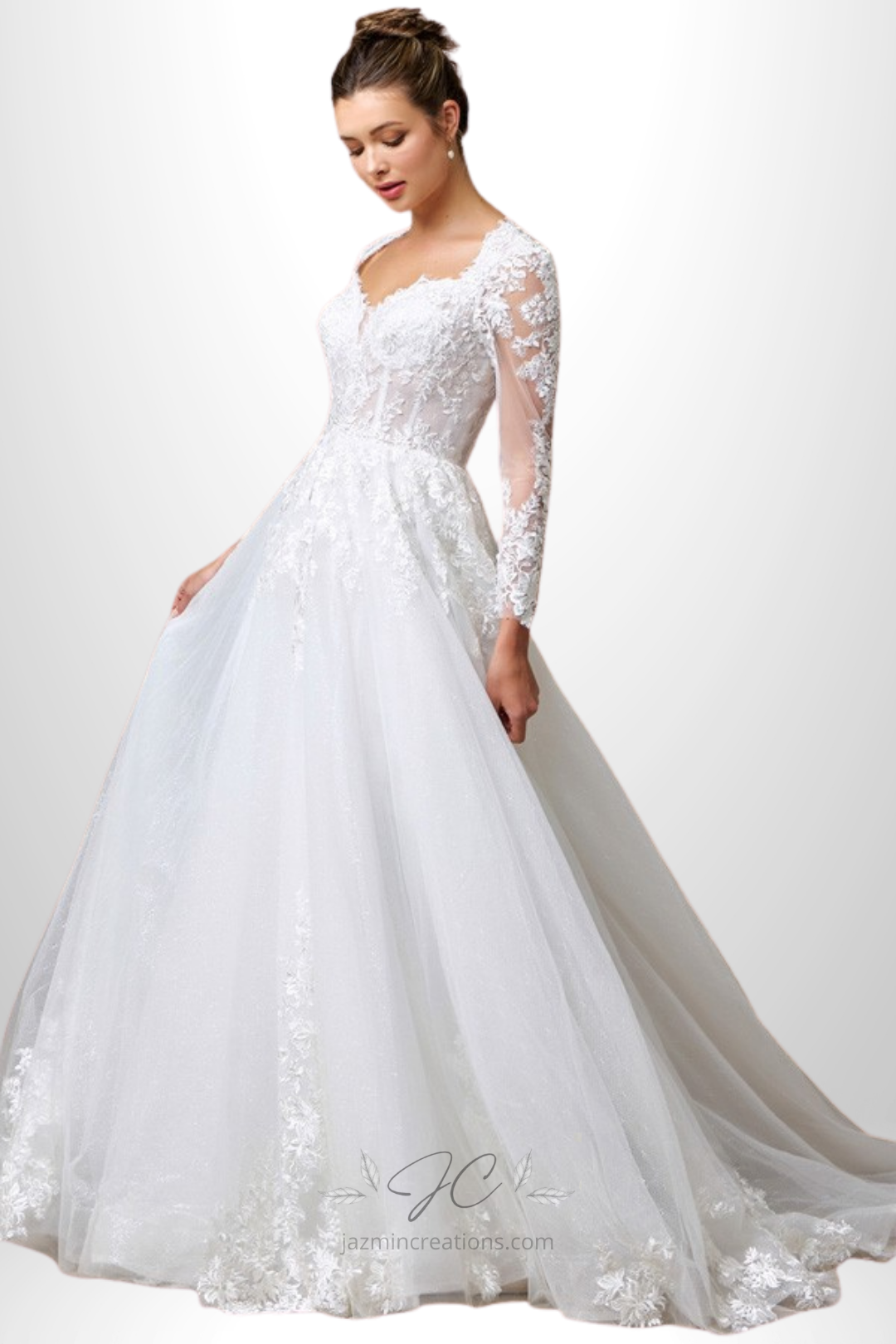 Sheer Long Sleeve Sweetheart Neckline A-Line Wedding Dress