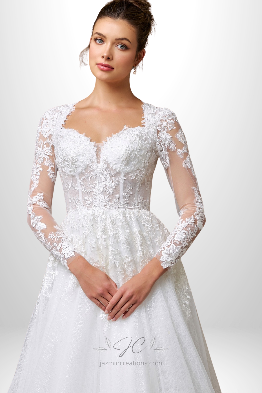 Sheer Long Sleeve Sweetheart Neckline A-Line Wedding Dress