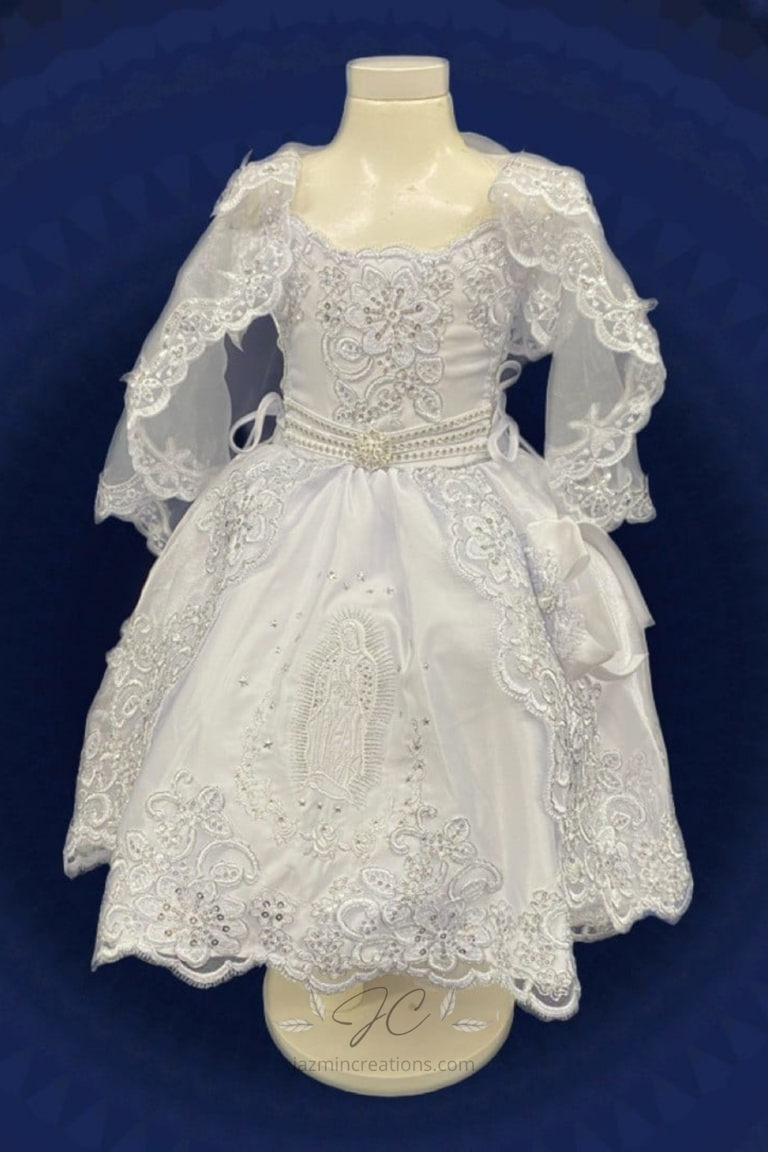 White Baptism Dress with Virgen Mary Embroidery and Organza Cape