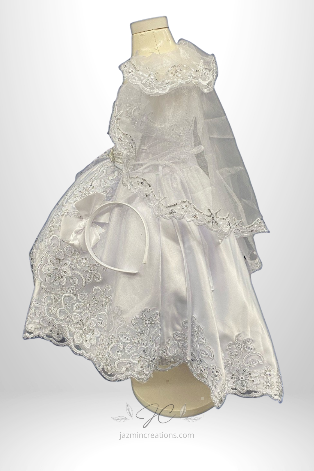 White Baptism Dress with Virgen Mary Embroidery and Organza Cape