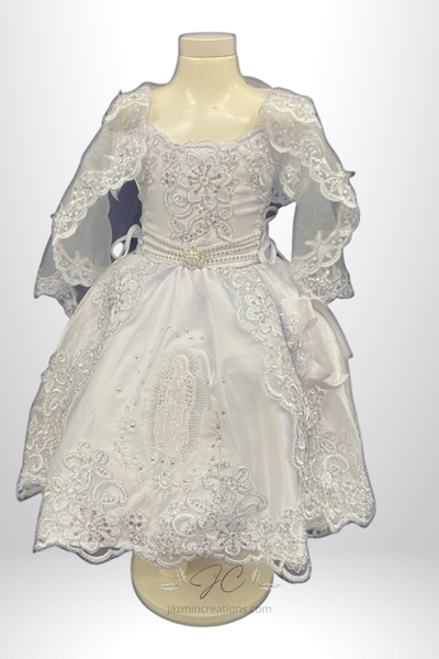 White Baptism Dress with Virgen Mary Embroidery and Organza Cape