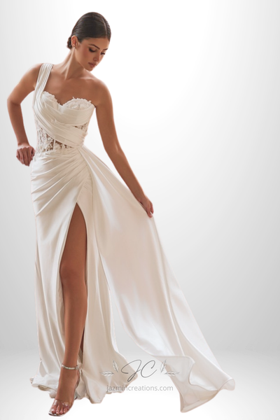 3D Floral Applique Illusion Design One Shoulder Wedding Gown